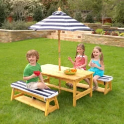 KidKraft Outdoor Table & Bench Set With Cushions & Umbrella - Navy & White Stripes 106 -Lush Littles 00106 RSM 1