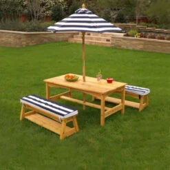 KidKraft Outdoor Table & Bench Set With Cushions & Umbrella - Navy & White Stripes 106