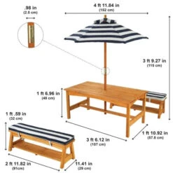 KidKraft Outdoor Table & Bench Set With Cushions & Umbrella - Navy & White Stripes 106 -Lush Littles 00106 isometric