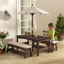 KidKraft Outdoor Table & Bench Set With Cushions & Umbrella - Oatmeal & White Stripes 500 -Lush Littles 00500 00