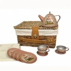 Tin Tea Set Fawn In Wicker Basket